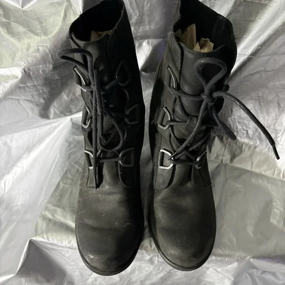 Sorel Joan Of Arctic Wedge II Black Leather Lace Up Boot Women's Size 10 - Picture 6 of 9